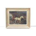 Study of two horses in a stable, oil on panel, 18 x 24cm, gilt framed