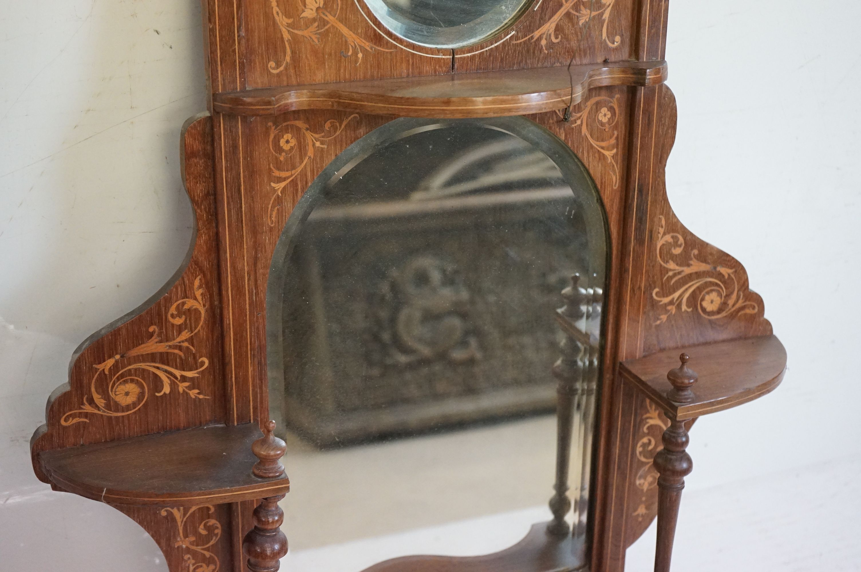 Victorian Walnut and Marquetry Inlaid Combination Hall Mirror and Shelf, 65cm wide x 95cm high - Image 3 of 7