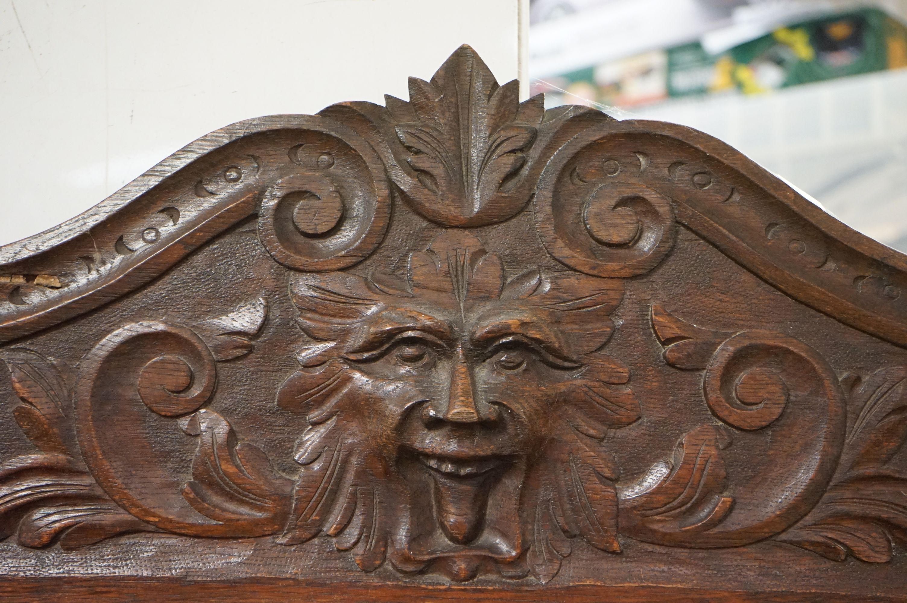 Victorian Oak Hall Stand / Hallstand, heavily carved with foliage scrolls and green man mask, with - Image 3 of 12