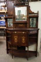 Victorian Rosewood Inlaid Mirrored Back Sideboard, the upper section with shelves and three bevelled