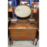 Edwardian Inlaid Mahogany Dressing Table, the oval swing mirror over three long drawers, 92cm wide x