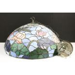 Tiffany style leaded coloured glass ceiling light shade, with floral and dragonfly decoration,