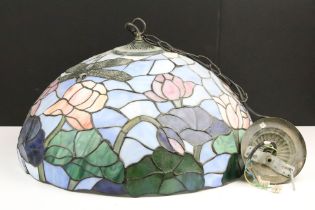 Tiffany style leaded coloured glass ceiling light shade, with floral and dragonfly decoration,