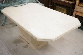 Large Travertine Marble Rectangular Dining Table with canted corner raised on a substantial