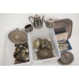 Collection of mixed silver plate to include a four-piece tea set, teapots, serving trays & dishes,