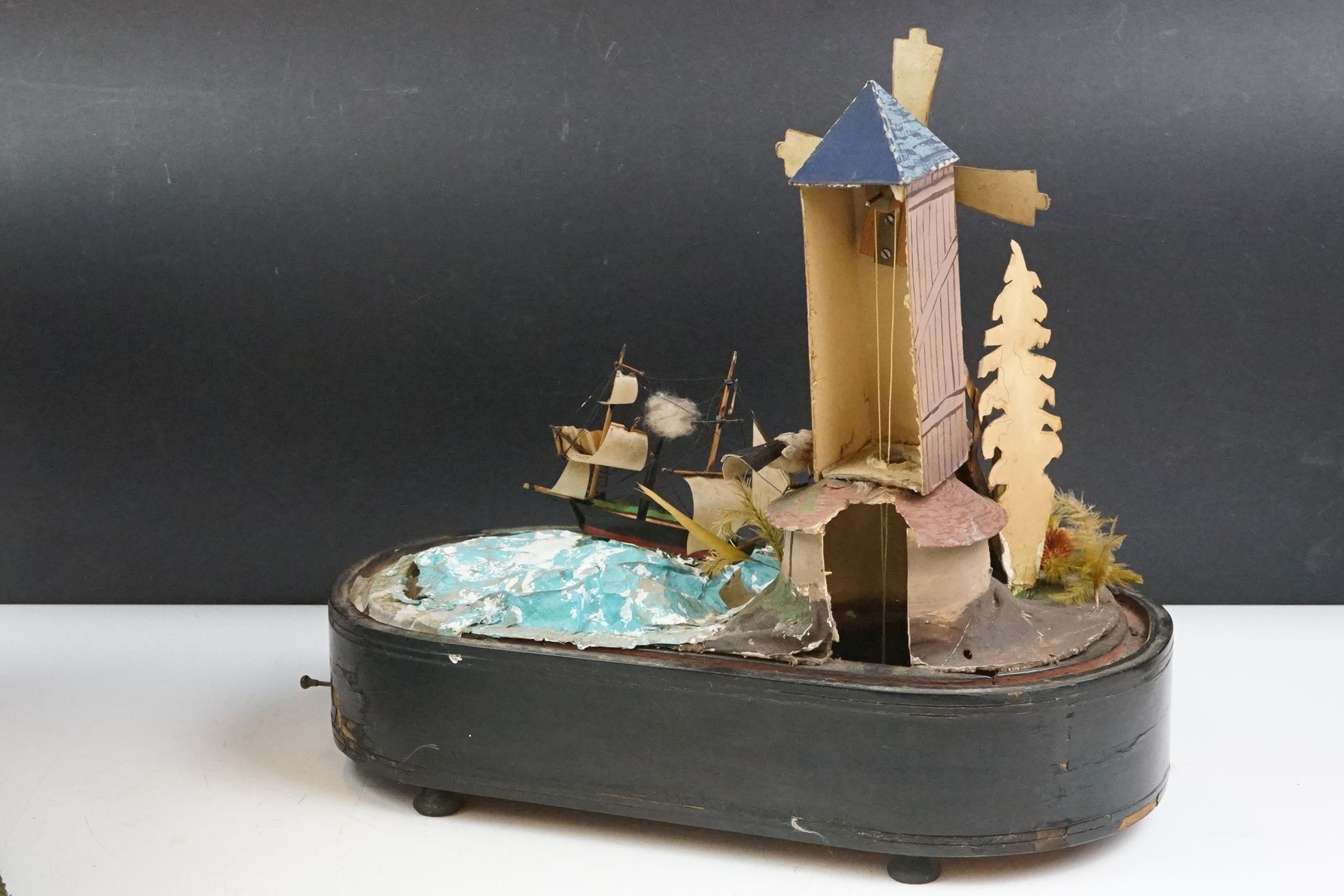 19th Century Victorian diorama automaton featuring a sea side scene including a model boat and - Image 6 of 9