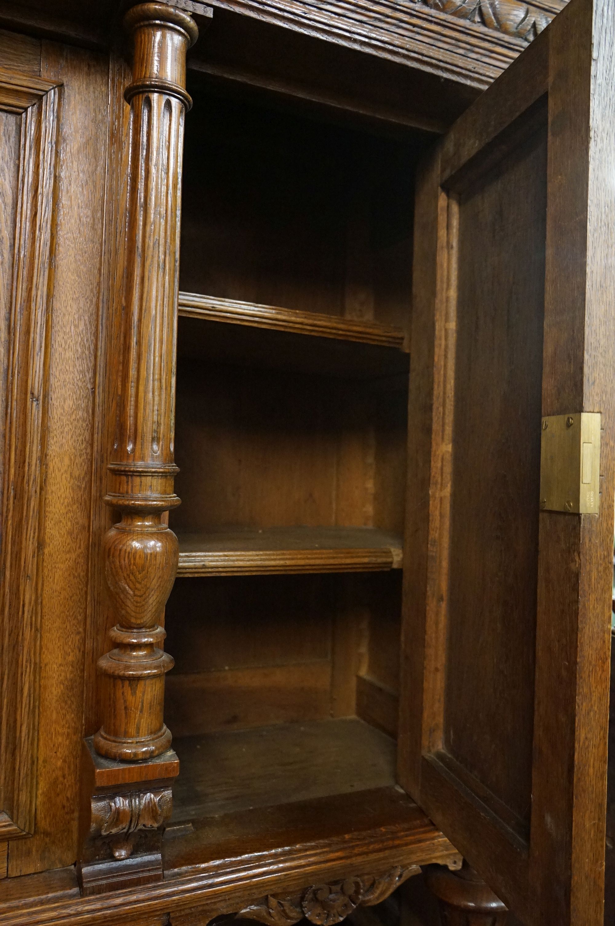 19th century Carved Oak Gothic Cabinet, the upper structure with three carved panel doors, all - Image 7 of 18