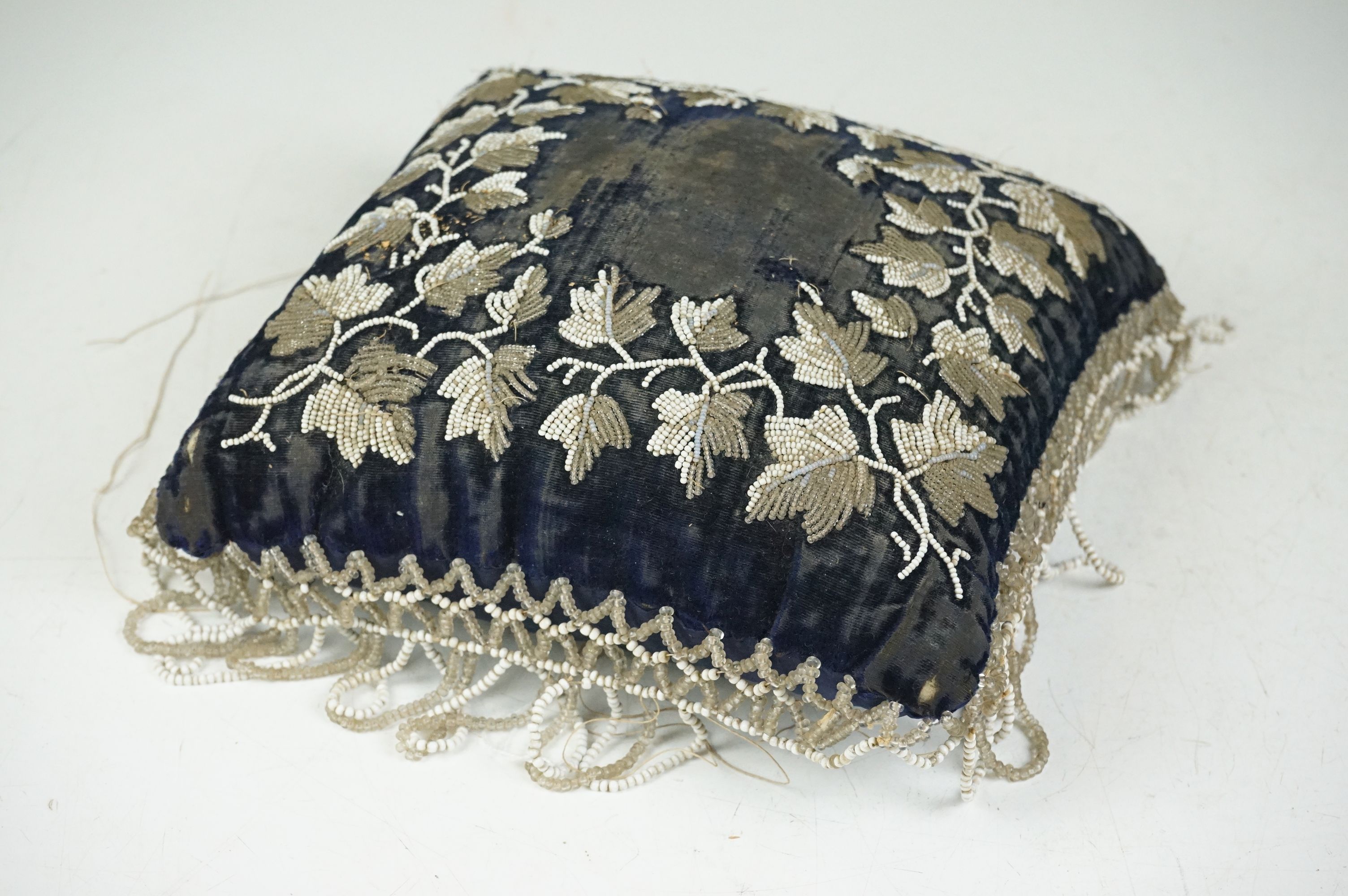 Two 19th Century Victorian beaded pin cushions to include a blue velvet cushion with foliate bead - Image 10 of 11