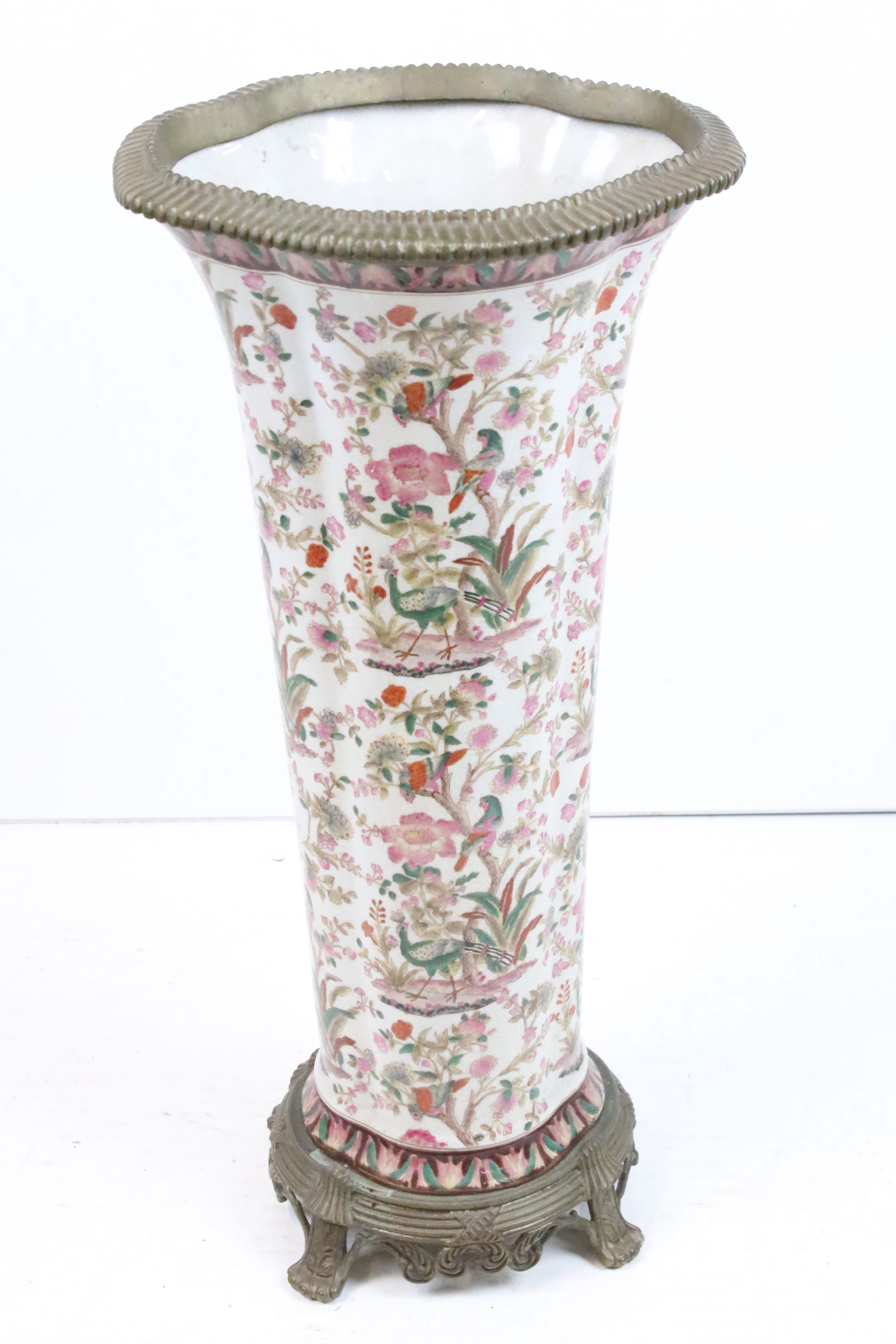 Pair of early 20th century crackle glazed ceramic & brass floor vases of fluted tapering form, - Image 2 of 5