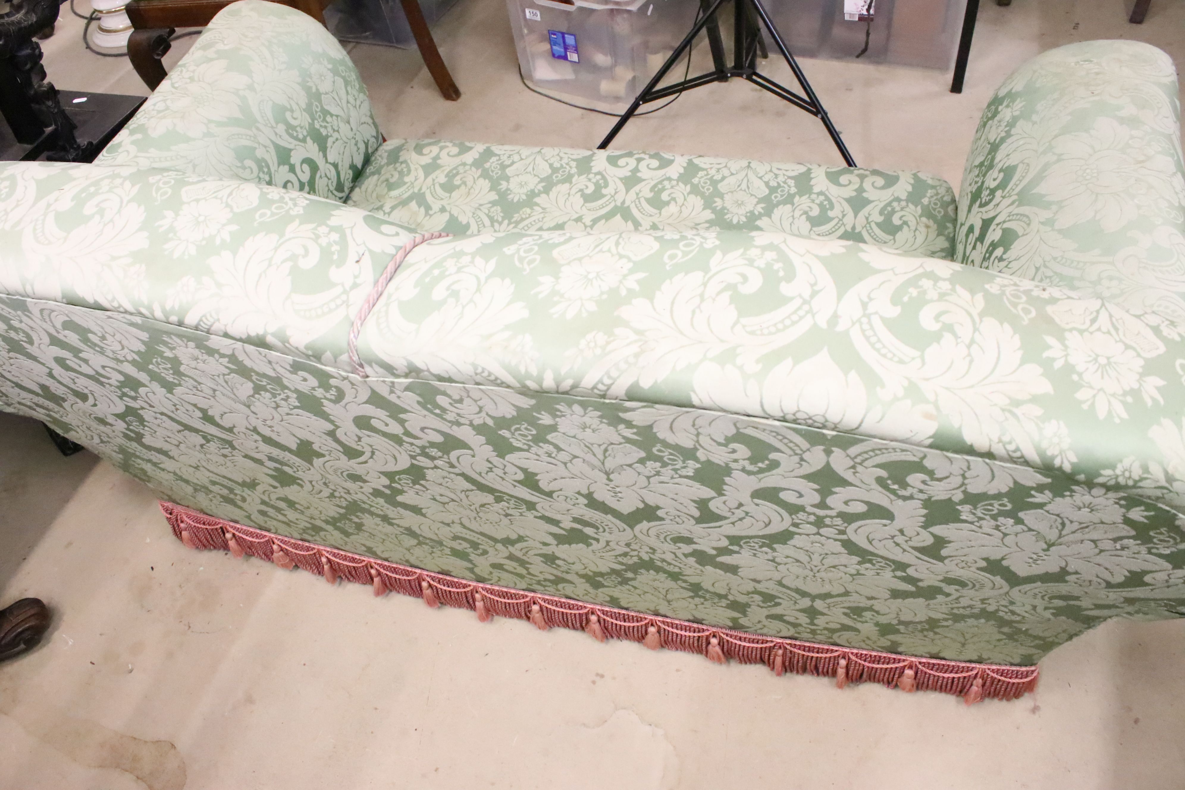Early 20th century Two Seater Drop End Sofa, upholstered in green damask fabric sand raised on bun - Image 6 of 6