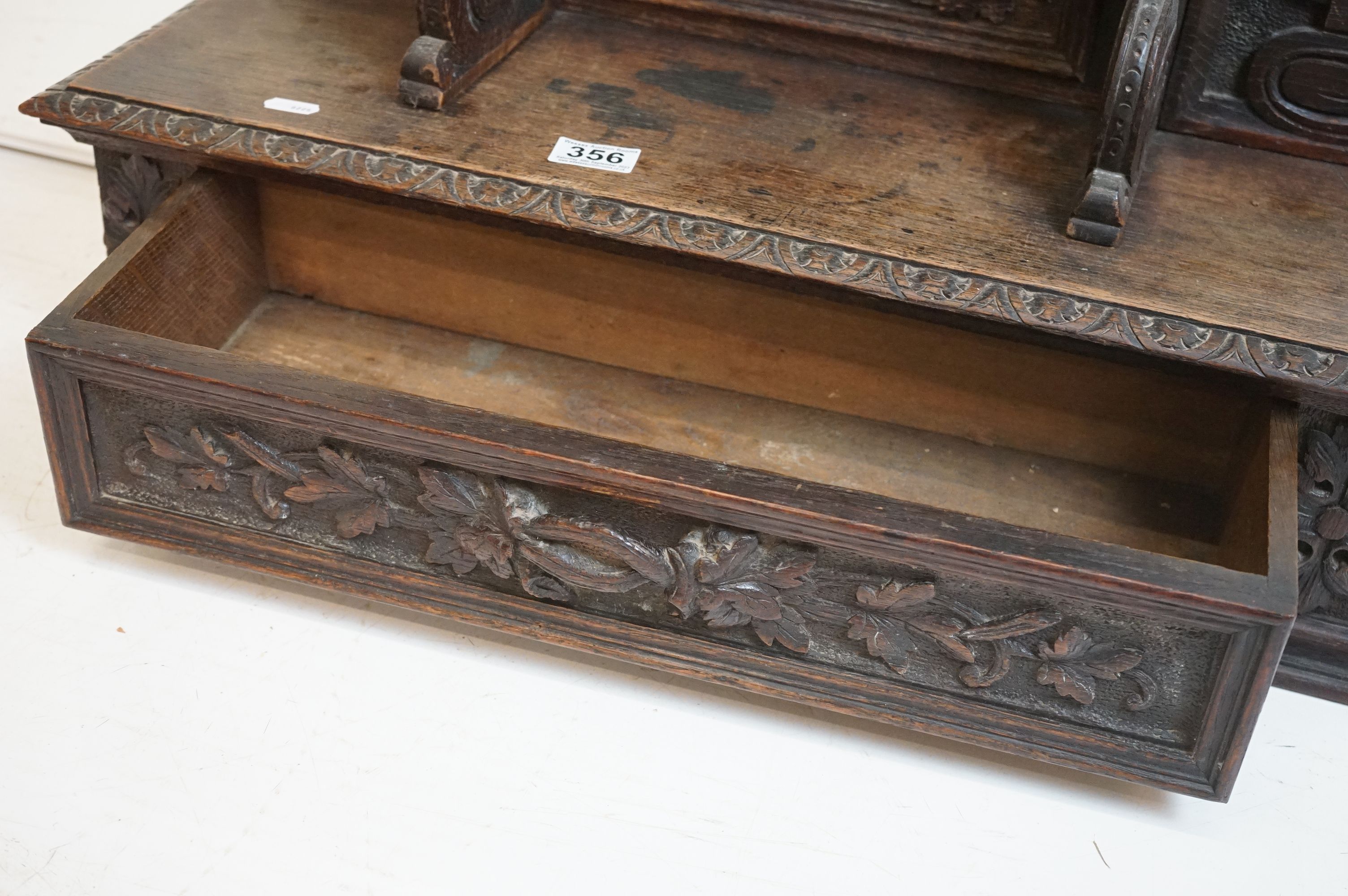 19th century Carved Oak Hanging Cabinet, the shaped back with a shelf over a single drawer, with - Image 2 of 8