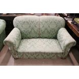 Early 20th century Two Seater Drop End Sofa, upholstered in green damask fabric sand raised on bun