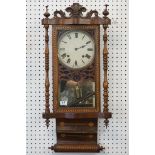 Edwardian inlaid mahogany pendulum wall clock having a round face with roman numerals to the dial,