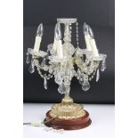 Mid 20th century moulded glass & brass five-branch electric candelabrum, with hanging glass droplets