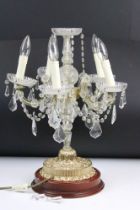 Mid 20th century moulded glass & brass five-branch electric candelabrum, with hanging glass droplets