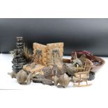 Collection of mixed wooden ware / treen to include a carved African horse hair fly whisk, Black