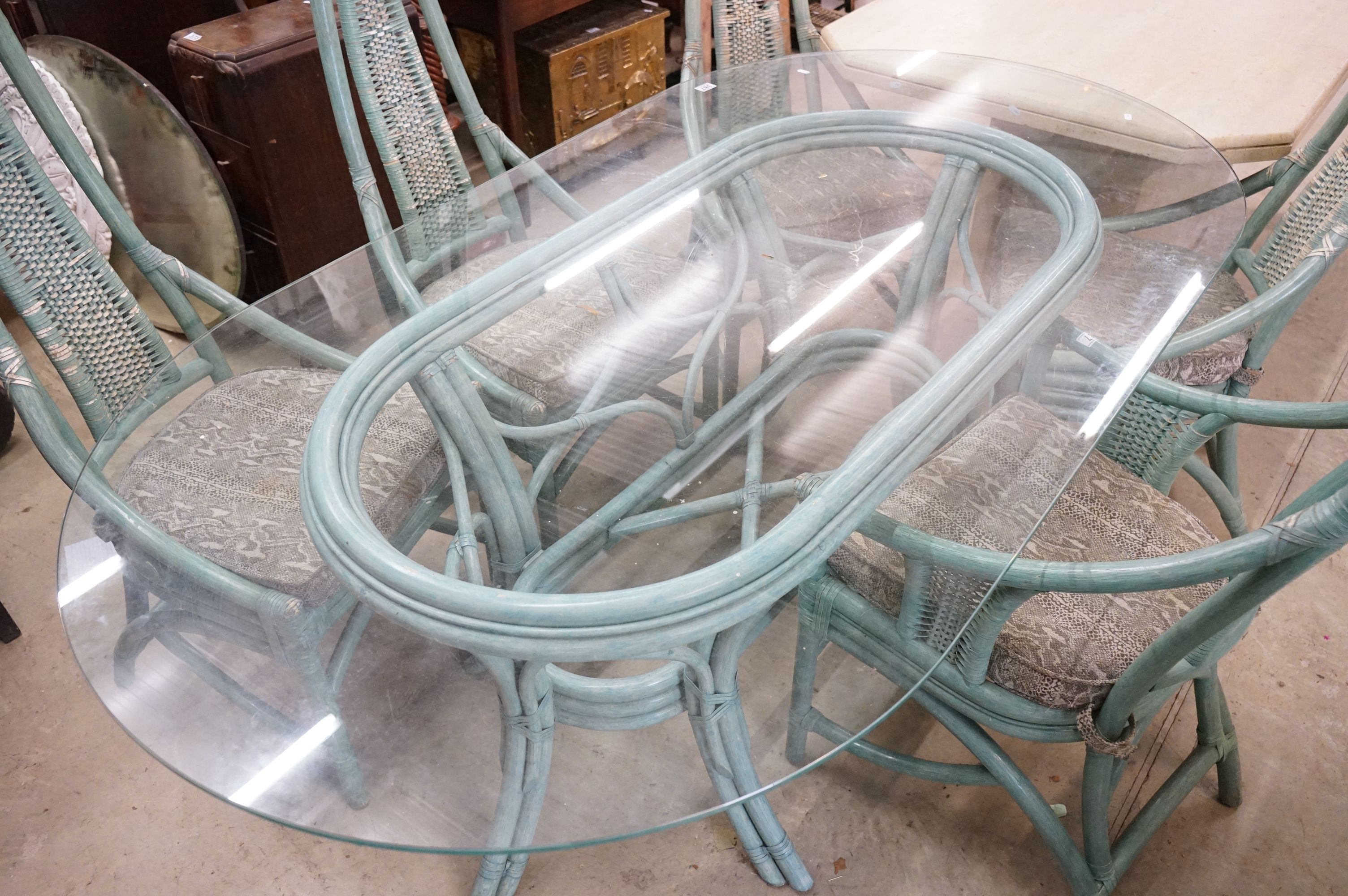 Large Conservatory Dining Table, the oval glass top supported by a green painted wicker base, - Image 5 of 8