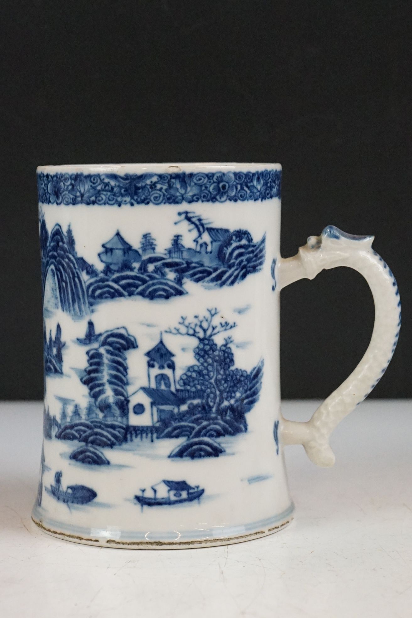 Four 19th century blue & white printed ceramic tankards, featuring early 19th century and Willow - Image 8 of 27