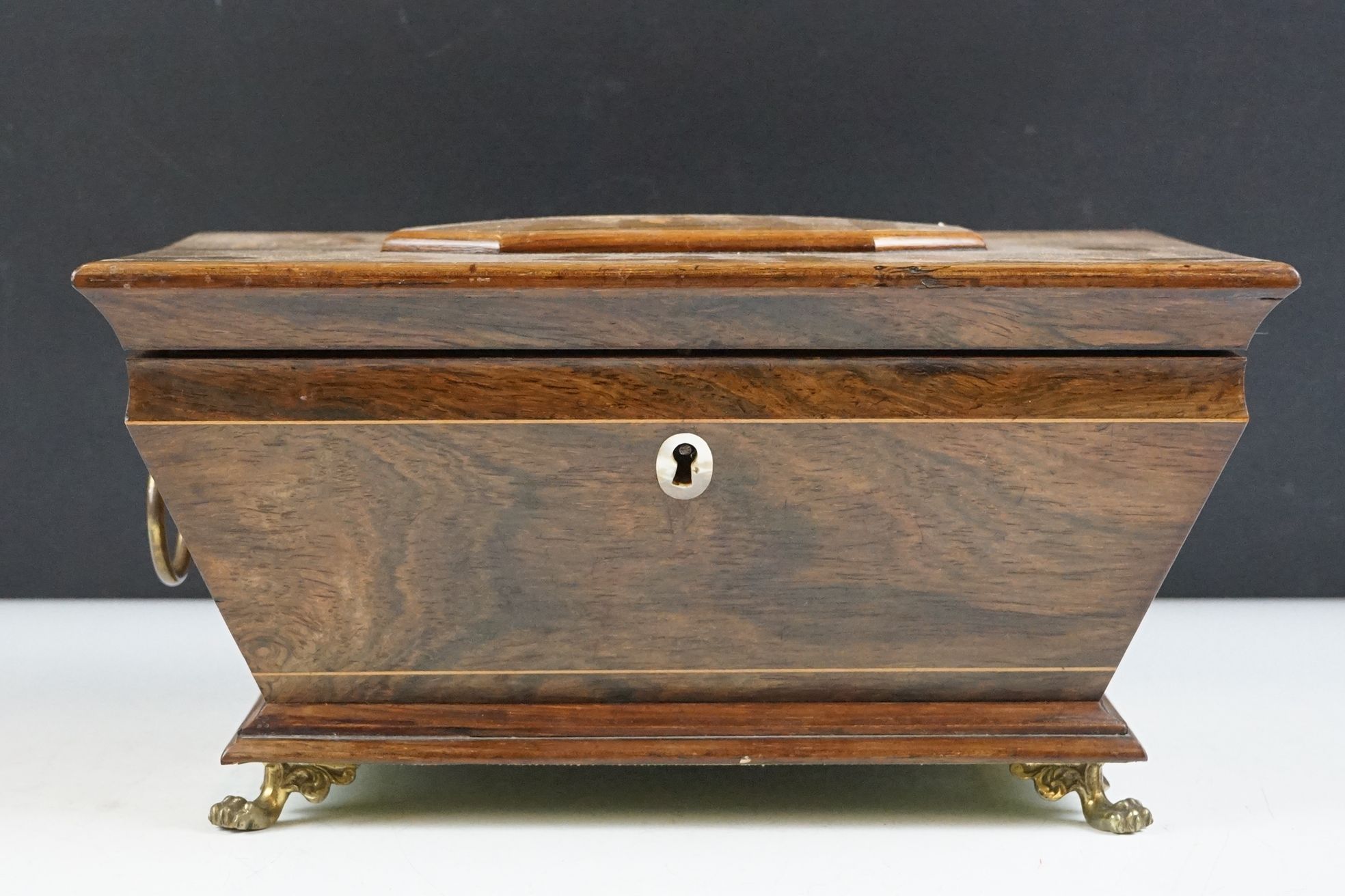 Early 20th Century satinwood inlaid casket box having a hinged lid, with tapering body raised on paw - Image 3 of 12