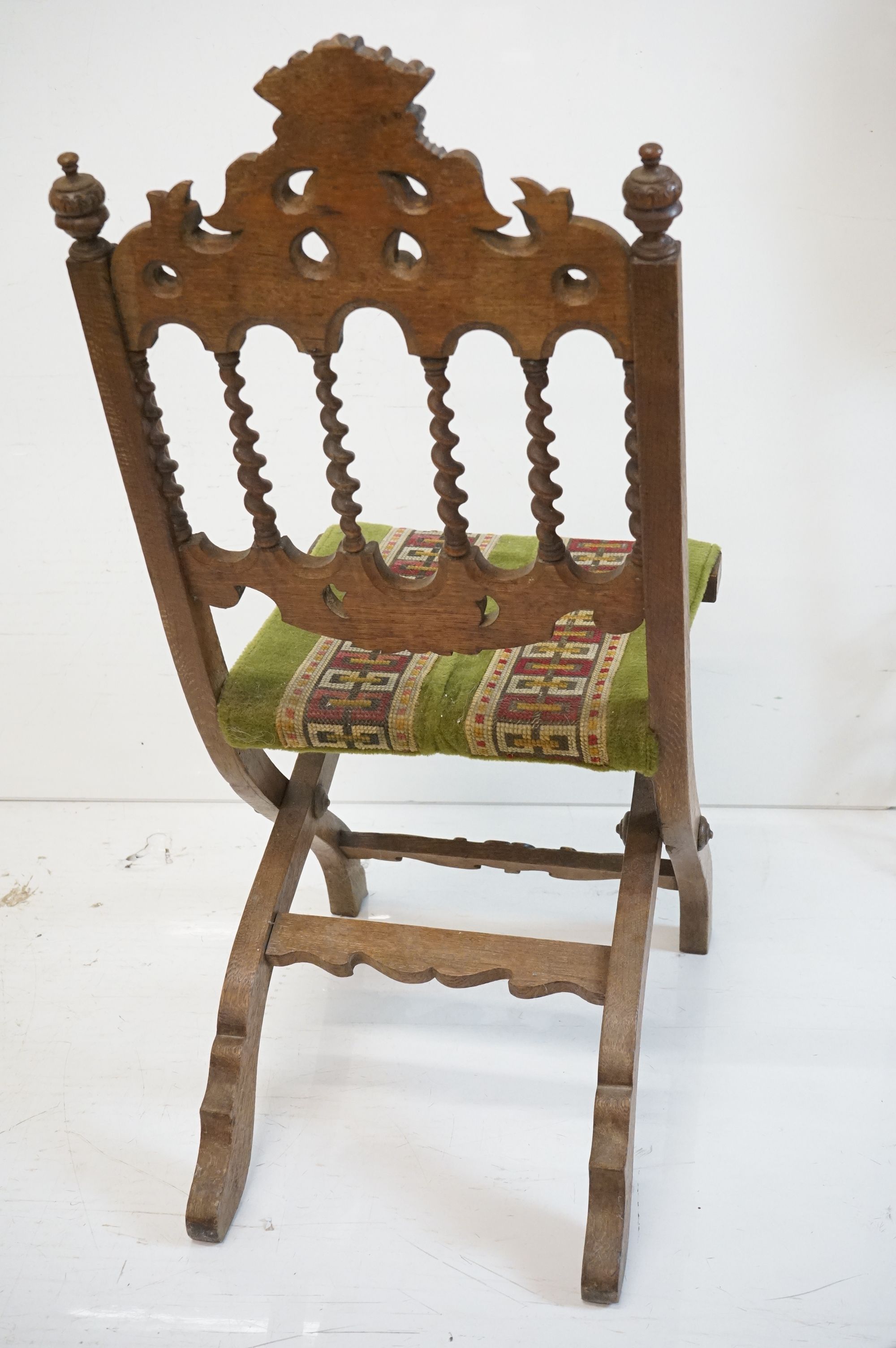 Victorian Walnut Carved Folding Chair, the cresting rail carved with two dolphins or fish beneath - Image 6 of 8