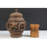 Japanese Carved wooden tea caddy & cover with relief dragon decoration, with metal liner (approx