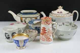 19th Century ceramics to include KPM gilt tea cup, early Worcester type bowls (unmarked), majolica