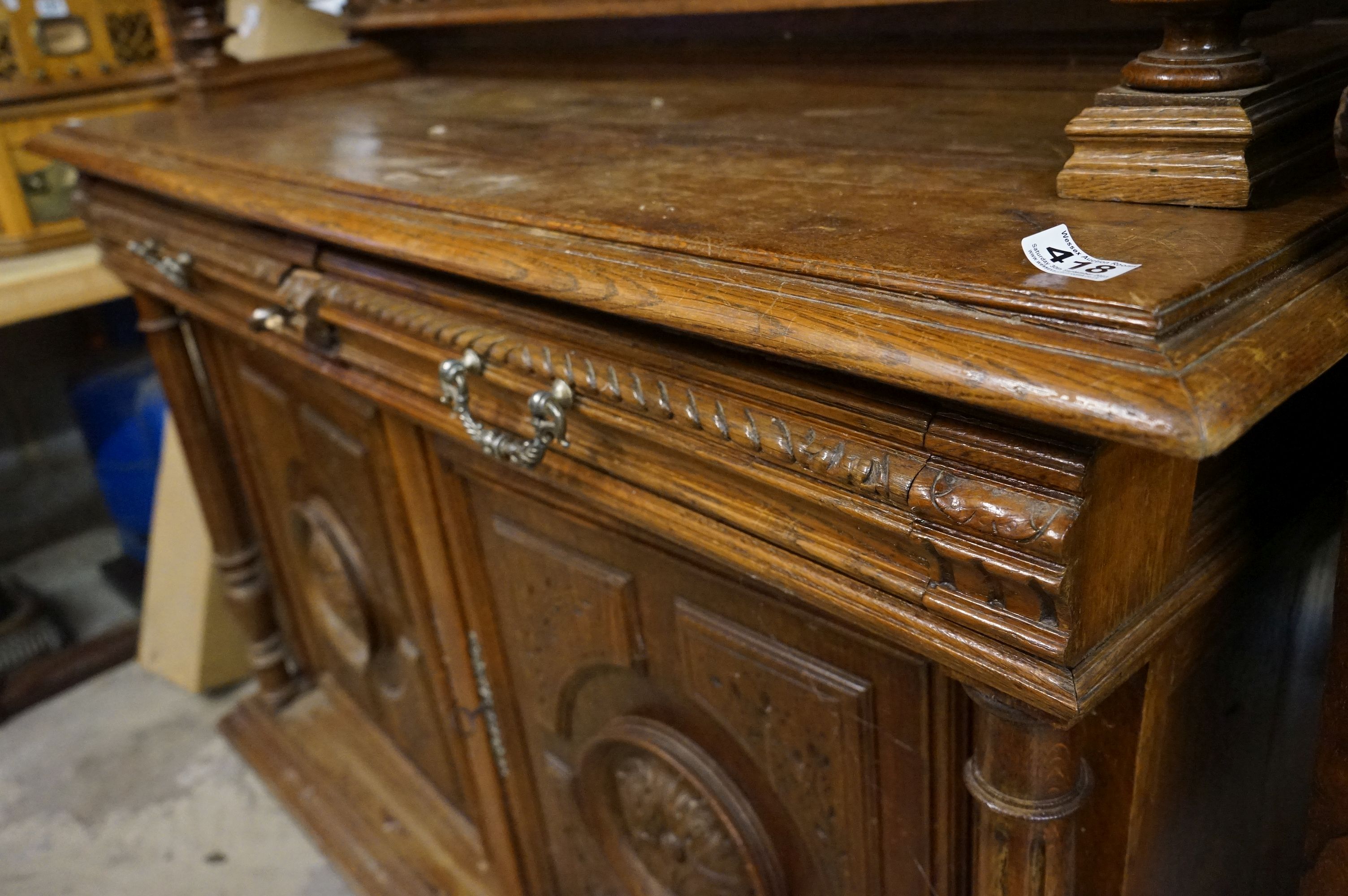 19th century Carved Oak Gothic Cabinet, the upper structure with three carved panel doors, all - Image 11 of 18