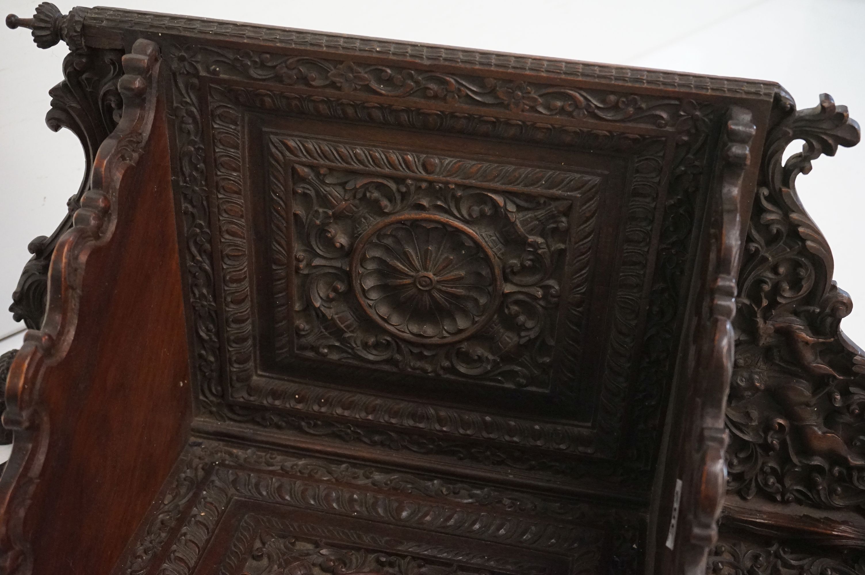 19th century Anglo Indian Hardwood Hanging Corner Shelf, profusely carved including lions, deer, a - Image 6 of 9