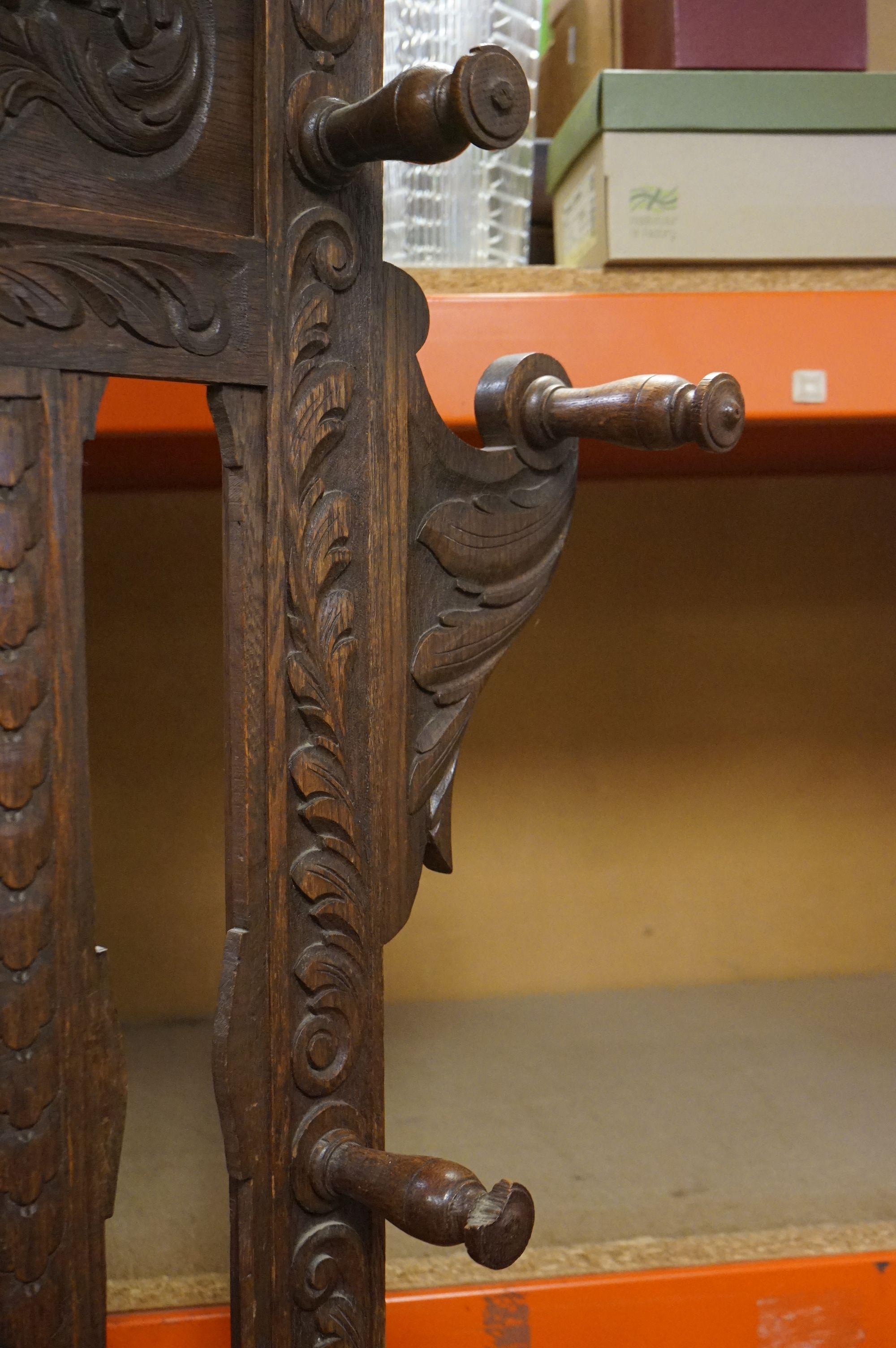 Victorian Oak Hall Stand / Hallstand, heavily carved with foliage scrolls and green man mask, with - Image 8 of 12