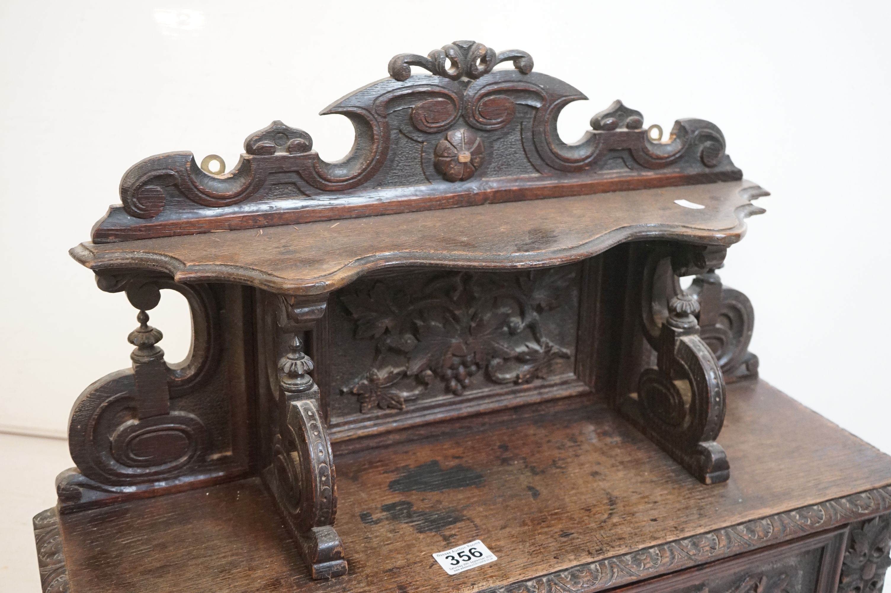 19th century Carved Oak Hanging Cabinet, the shaped back with a shelf over a single drawer, with - Image 4 of 8