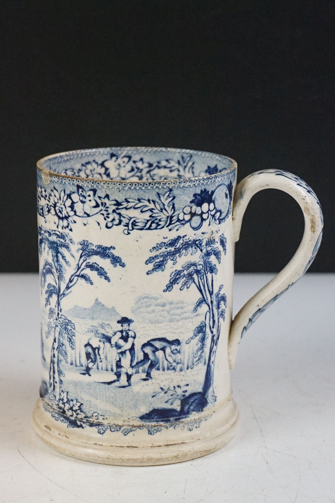 Four 19th century blue & white printed ceramic tankards, featuring early 19th century and Willow - Image 2 of 27