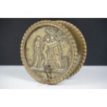 Early 20th Century brass music box of cylindrical shape with moulded neo classical relief scene to