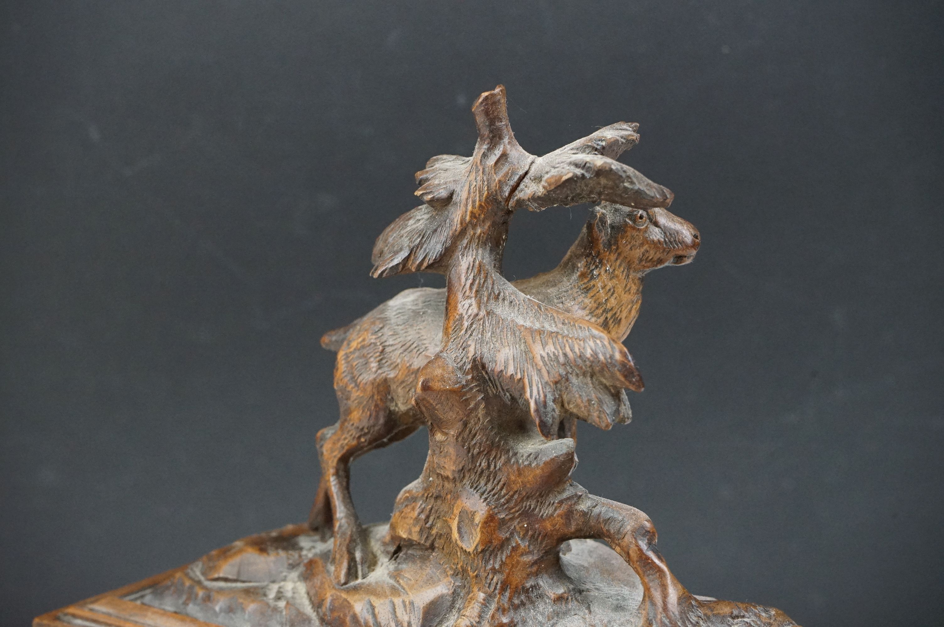 Late 19th Century Victorian Black Forest carved wooden box having a carved goat to the lid, with - Image 6 of 9