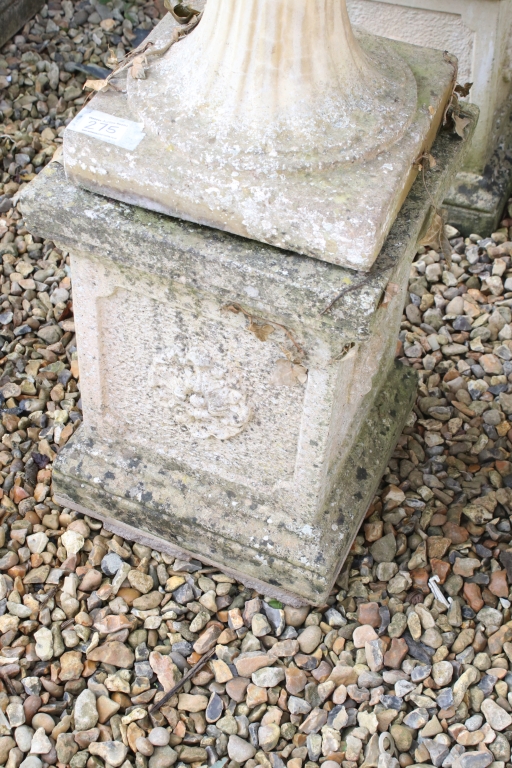 Pair of reconstituted stone garden urns of campana form, with relief facial mask decoration and - Image 3 of 5