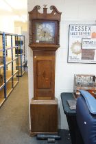 18th century Oak and Mahogany Longcase Clock, with swan break neck pediment, the square hood holding