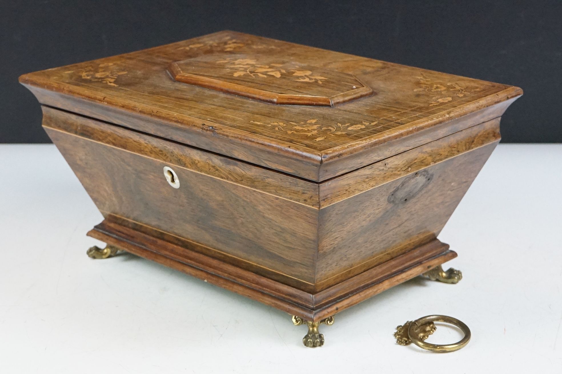 Early 20th Century satinwood inlaid casket box having a hinged lid, with tapering body raised on paw - Image 2 of 12