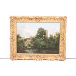 T Creswick, river scene with a girl on a bridge, farmhouse and church beyond, signed lower left