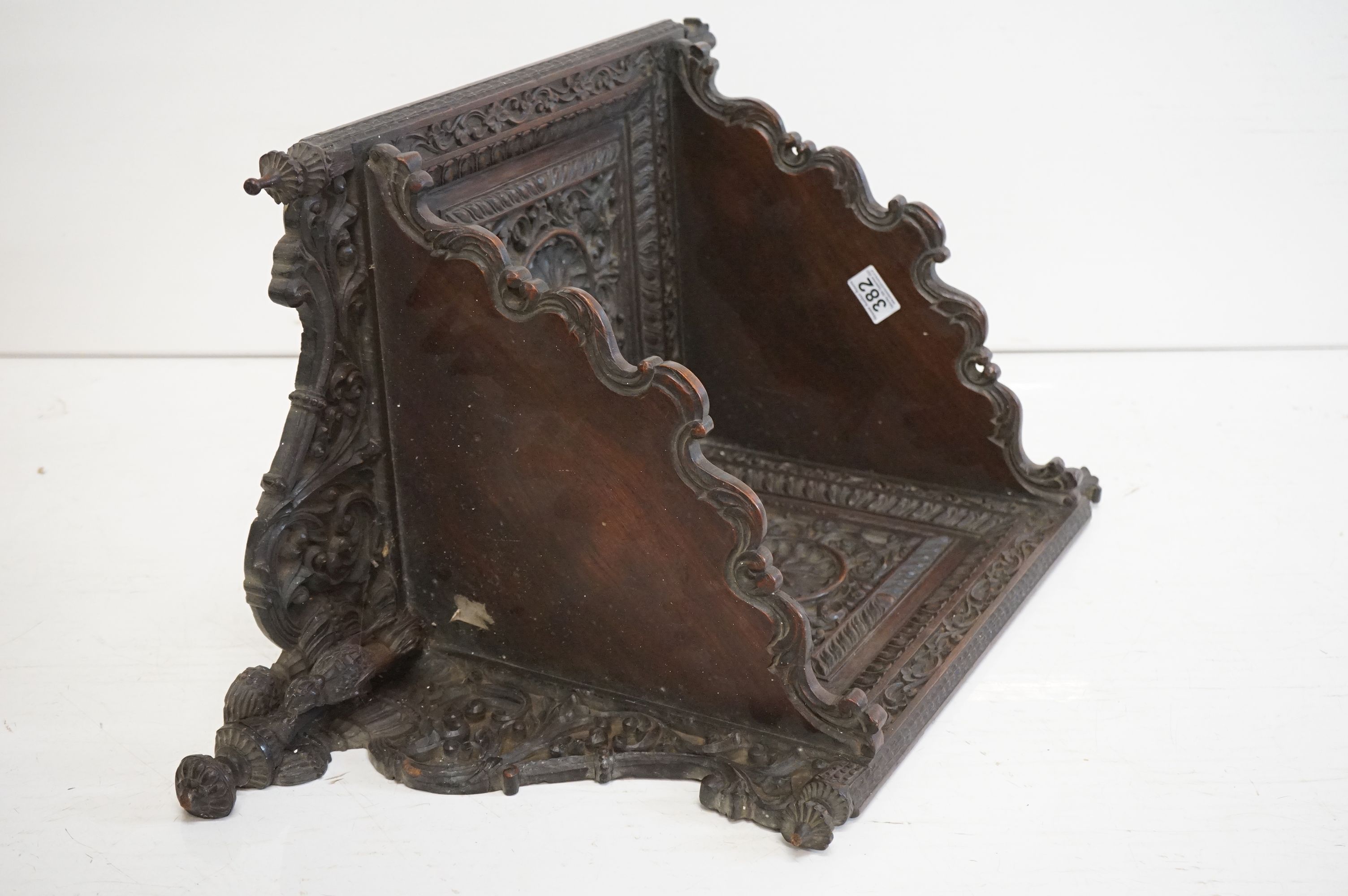 19th century Anglo Indian Hardwood Hanging Corner Shelf, profusely carved including lions, deer, a - Image 7 of 9