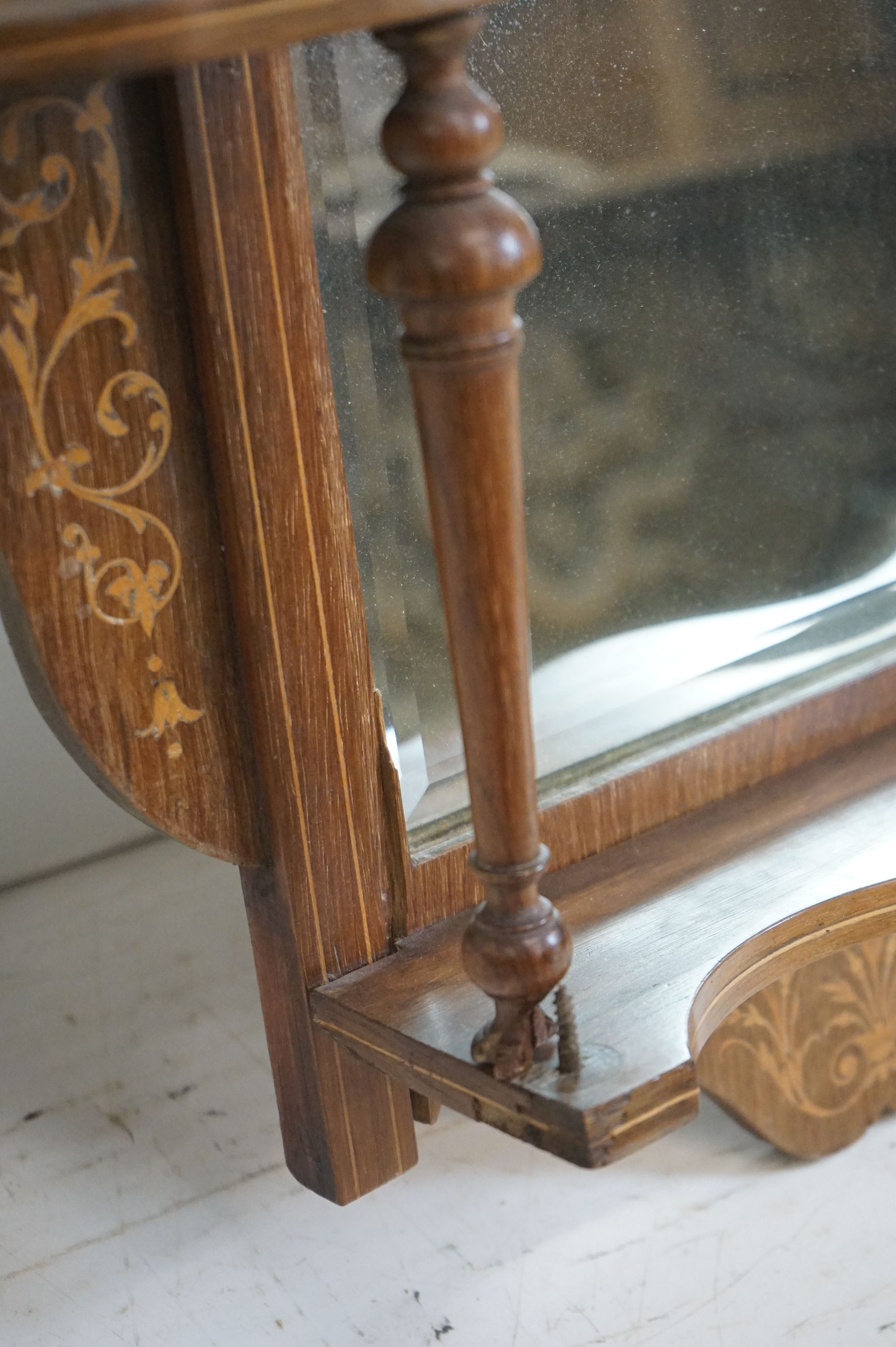 Victorian Walnut and Marquetry Inlaid Combination Hall Mirror and Shelf, 65cm wide x 95cm high - Image 6 of 7