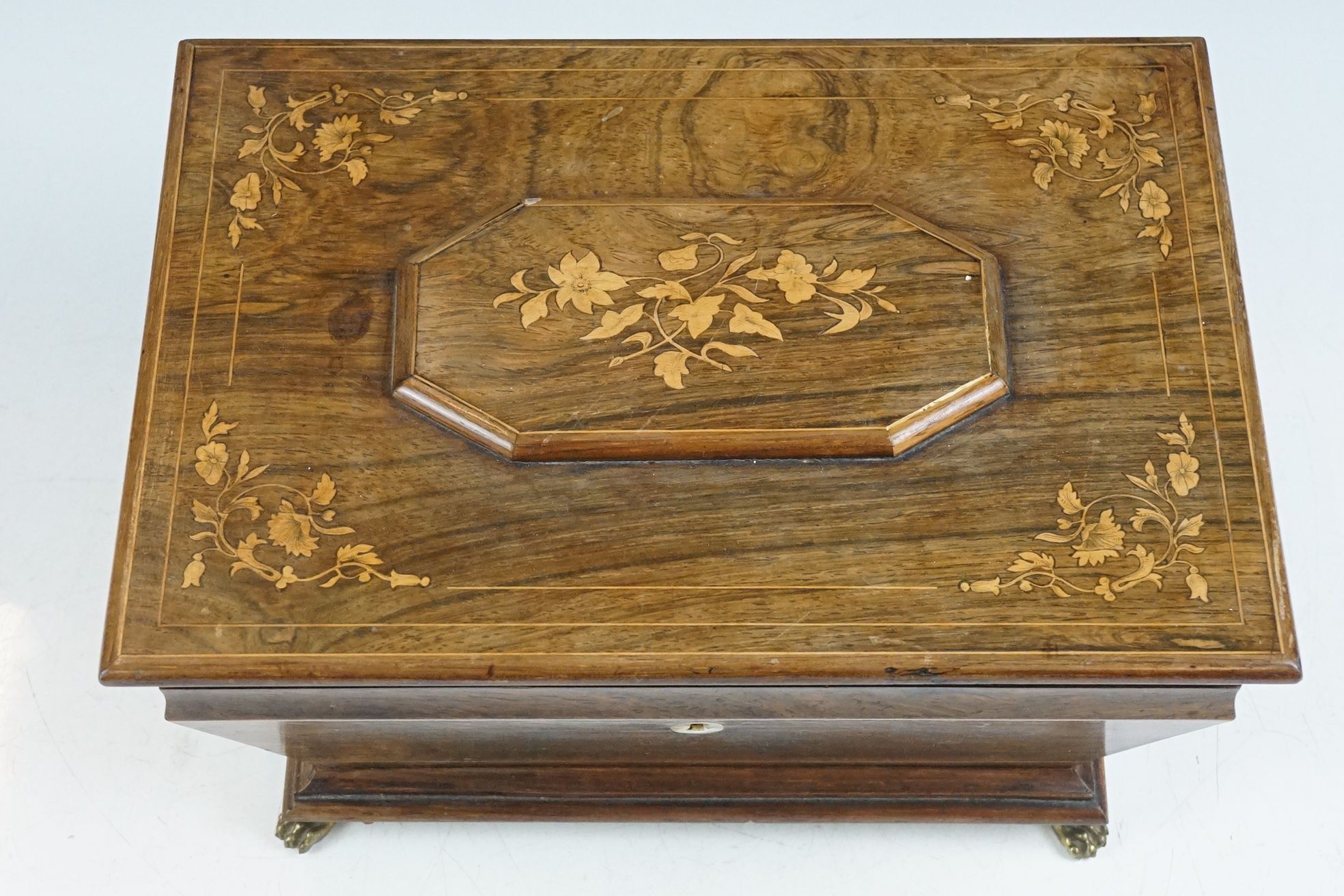 Early 20th Century satinwood inlaid casket box having a hinged lid, with tapering body raised on paw - Image 4 of 12