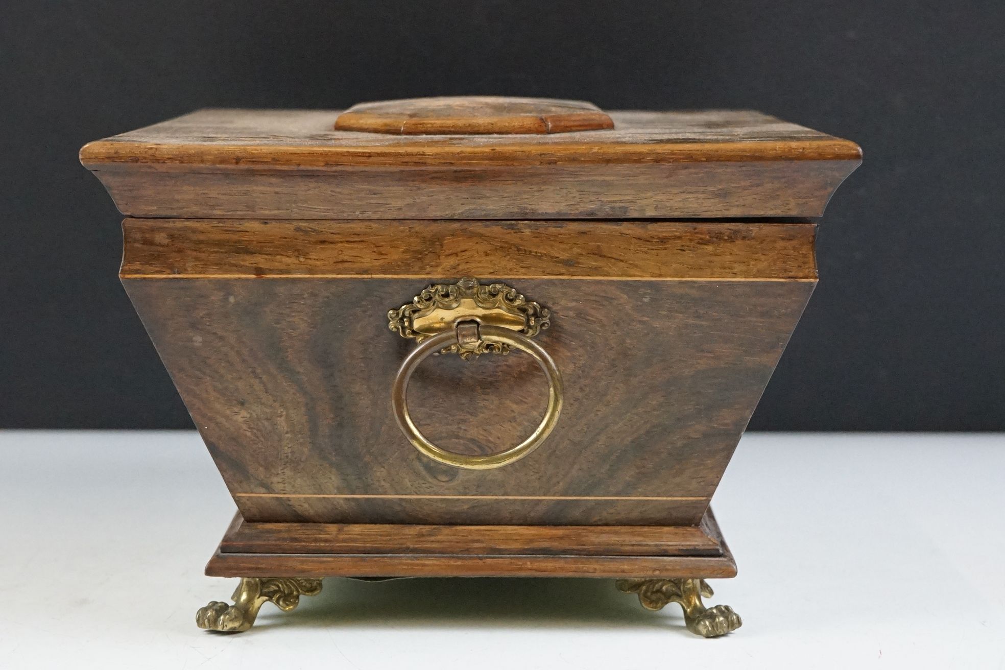 Early 20th Century satinwood inlaid casket box having a hinged lid, with tapering body raised on paw - Image 7 of 12