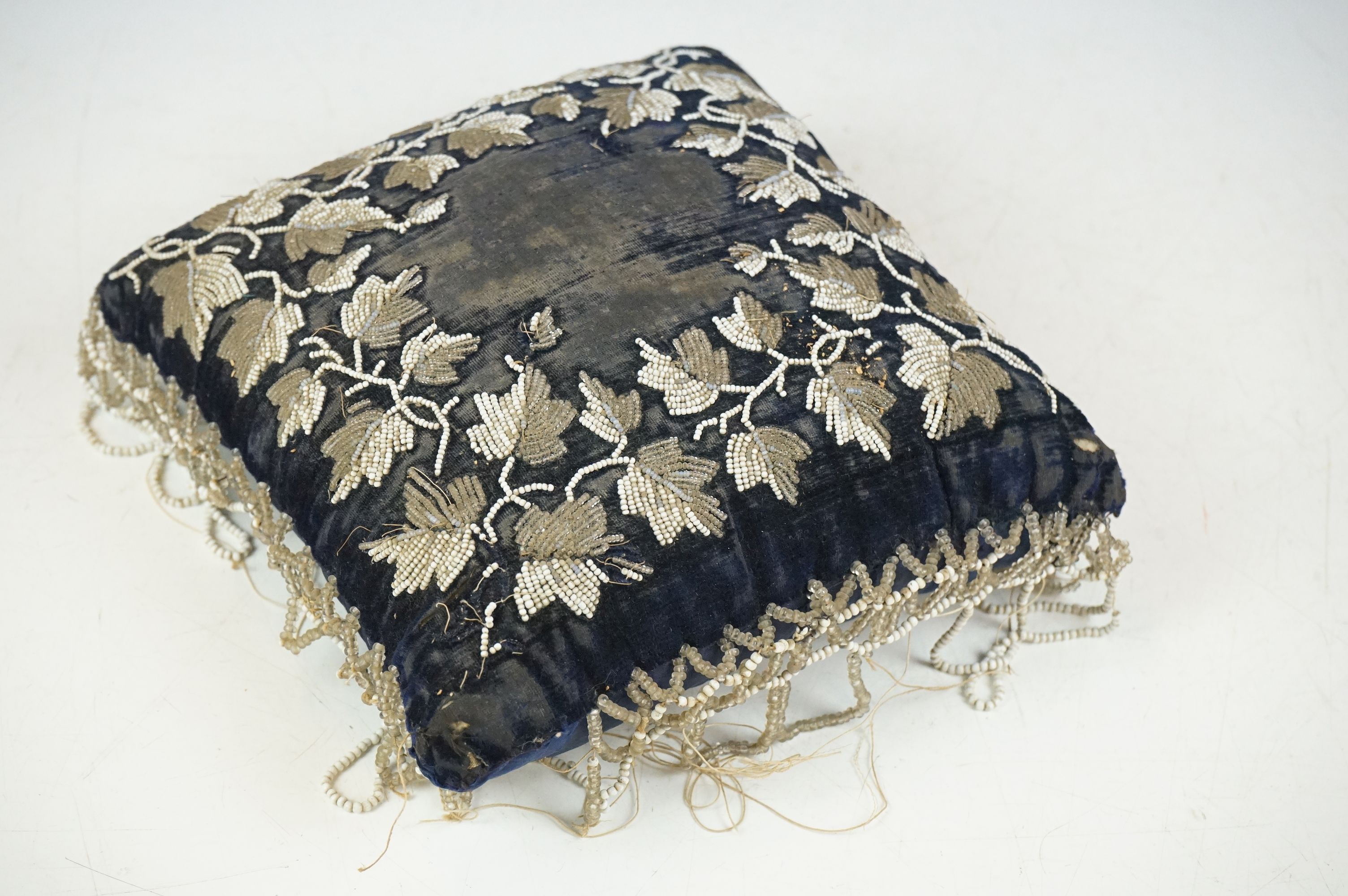 Two 19th Century Victorian beaded pin cushions to include a blue velvet cushion with foliate bead - Image 9 of 11