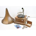 Dulcephone carved mahogany table top gramophone, with wooden horn and needles (needle arm a/f,