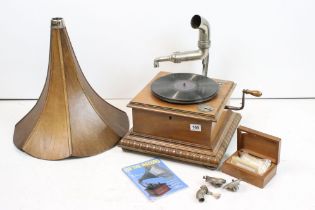 Dulcephone carved mahogany table top gramophone, with wooden horn and needles (needle arm a/f,