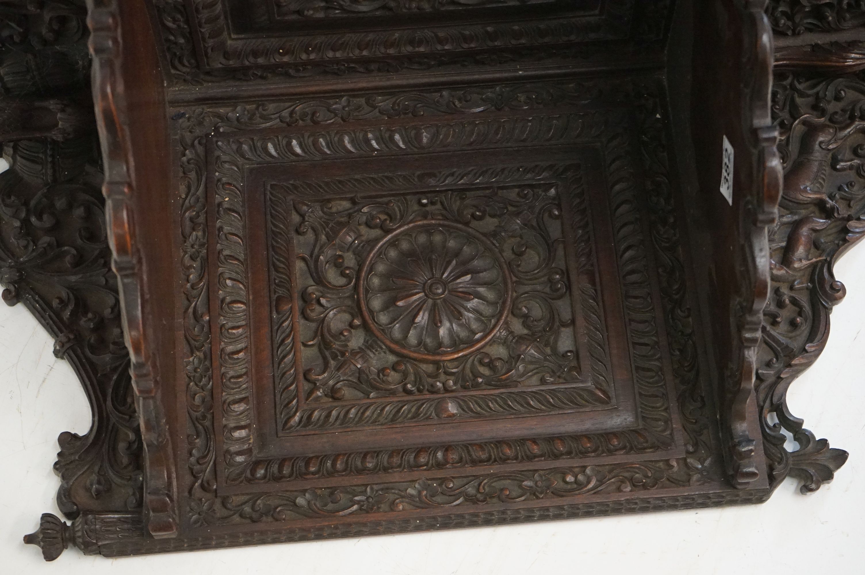 19th century Anglo Indian Hardwood Hanging Corner Shelf, profusely carved including lions, deer, a - Image 5 of 9