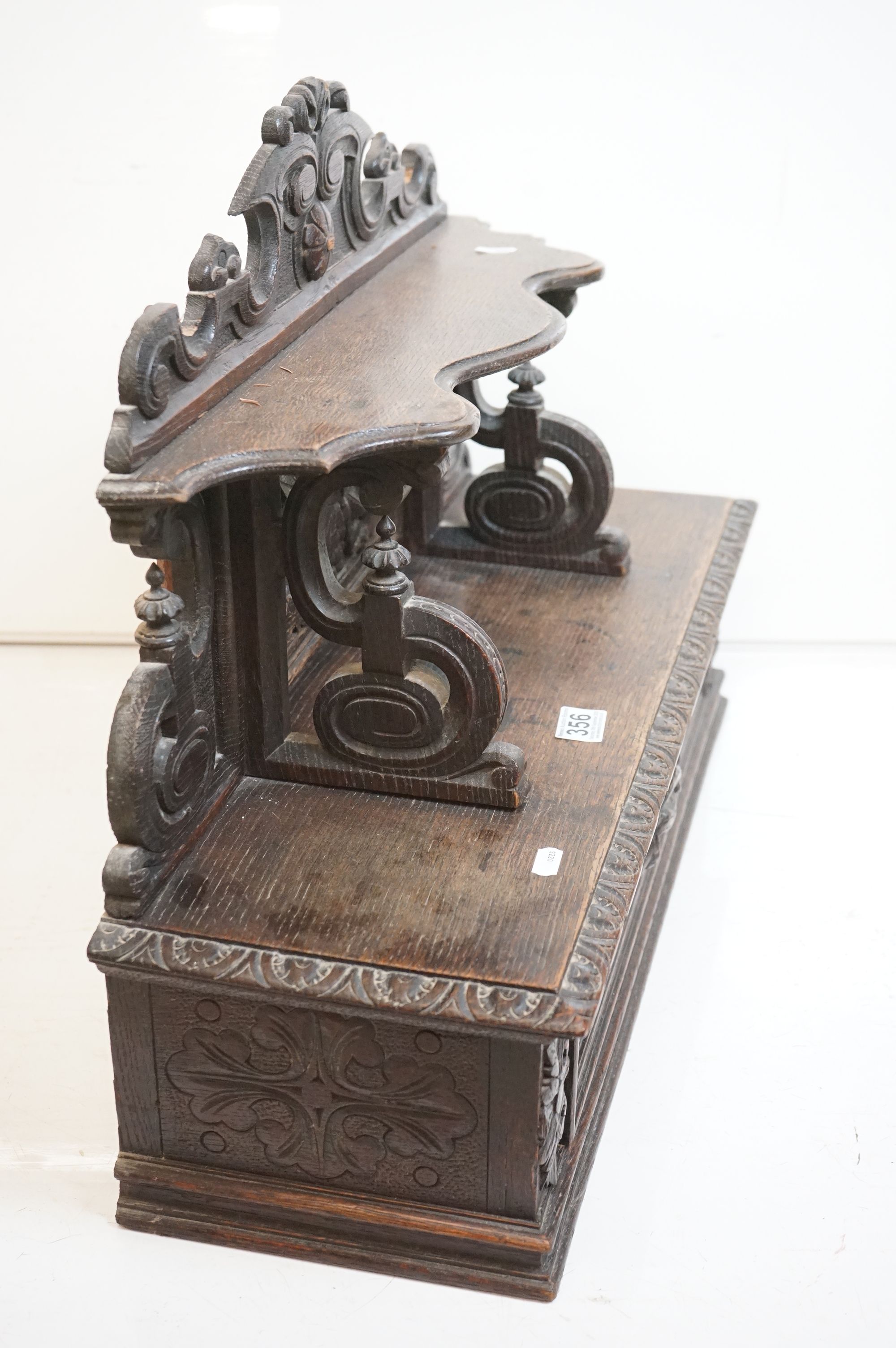 19th century Carved Oak Hanging Cabinet, the shaped back with a shelf over a single drawer, with - Image 6 of 8