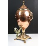 Regency copper & brass Samovar or tea urn & cover, with goat head finial, twin grotesque mask loop