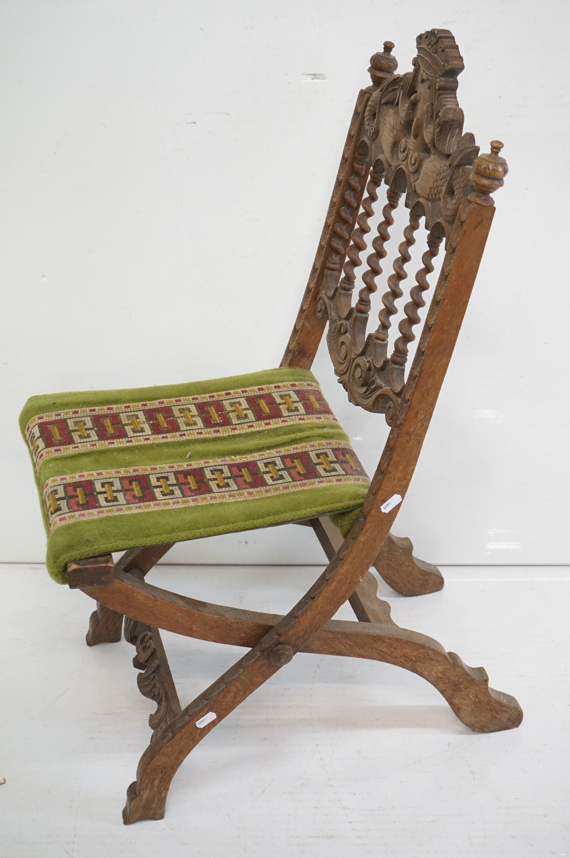 Victorian Walnut Carved Folding Chair, the cresting rail carved with two dolphins or fish beneath - Image 7 of 8