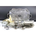 A small collection of mixed silver plate to include trays, teapot, coasters, sugar bowl, cream