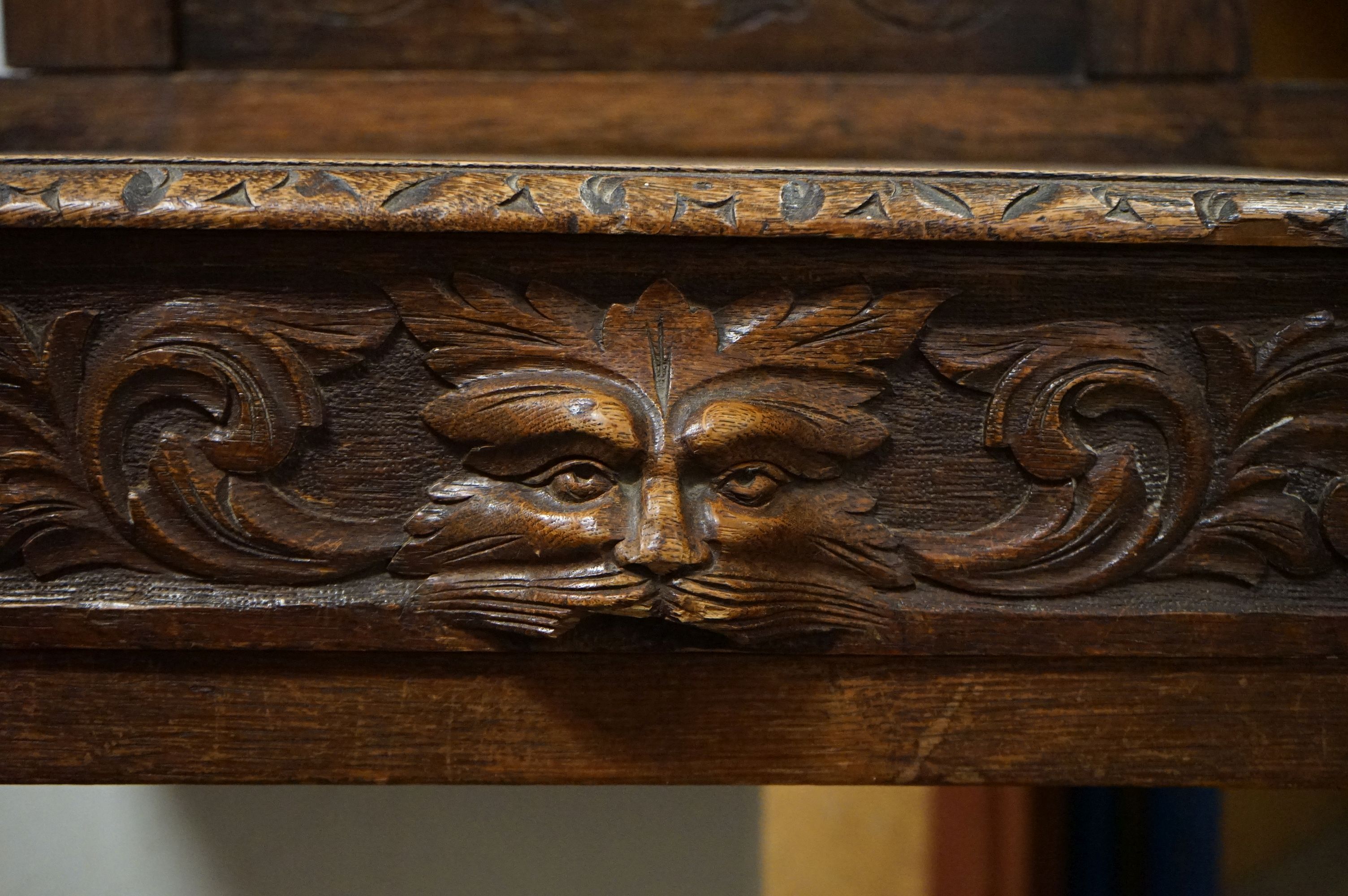 Victorian Oak Hall Stand / Hallstand, heavily carved with foliage scrolls and green man mask, with - Image 11 of 12